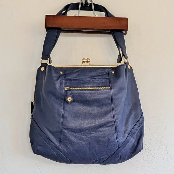 EMMA FOX Navy Genuine Leather Frame-Top Shoulder Bag Vintage-inspired Kiss-Lock - Picture 7 of 15